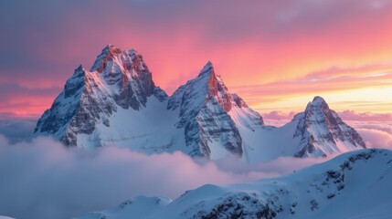 A majestic snow-capped mountain ridge bathed in the soft pink glow of sunrise, towering peaks rising above a sea of clouds, creating a breathtaking, ethereal panorama.