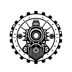 Bold Steam Locomotive Silhouette within a Gear-like Frame, Monochromatic Icon, Industrial Design with Mechanical Elements and Radial Composition.
