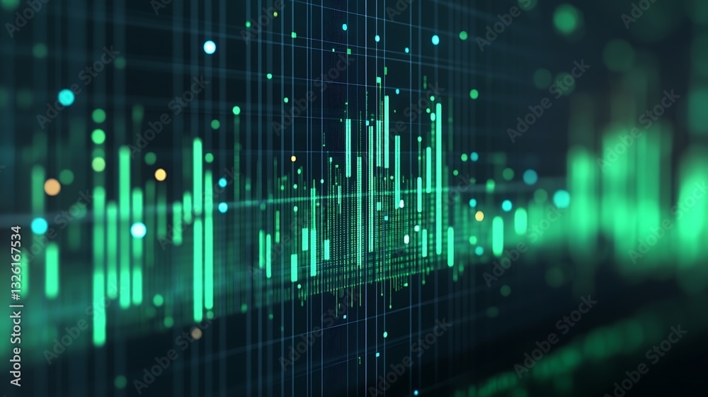 Poster abstract digital background with green data visualization and graphs for technology or finance conce