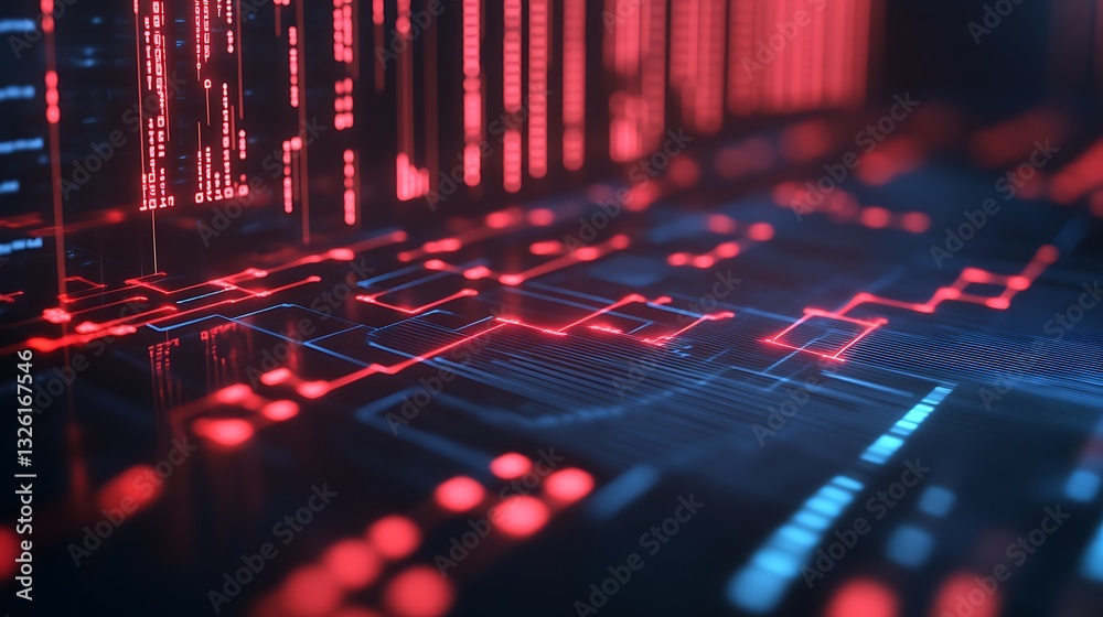 Poster Abstract Digital Background with Red and Blue Data Lines and Matrix Code in a Futuristic Setting