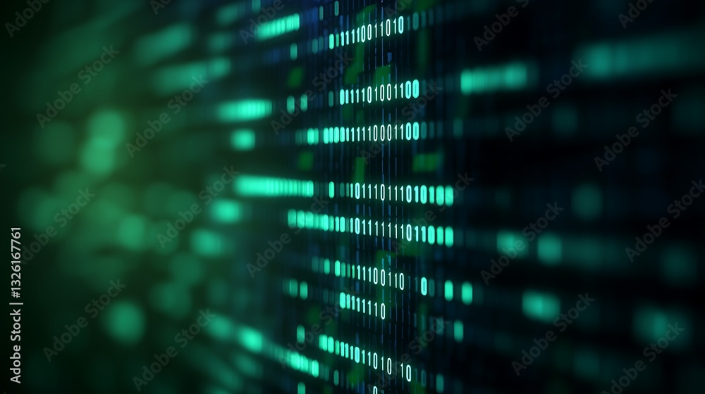 Poster abstract digital binary code pattern with glowing green and blue light on dark background for techno