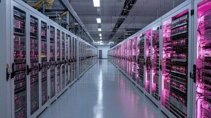 Modern data center server room with glowing lights, high-tech infrastructure for cloud computing and network storage.