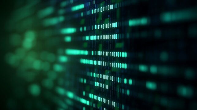 Abstract digital binary code pattern with glowing green and blue light on dark background for technology theme