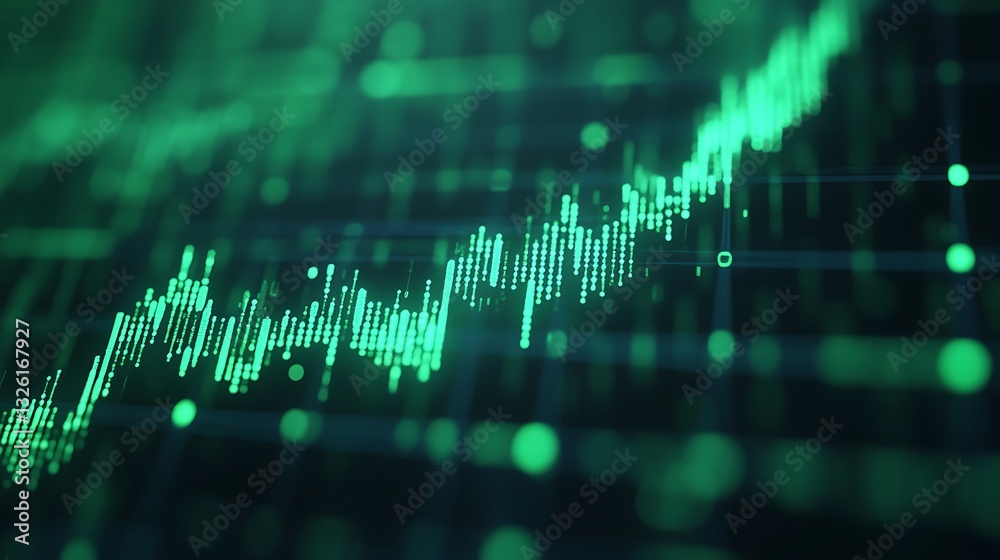 Poster abstract digital chart with green wave patterns and data visualizations on a dark background