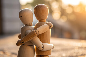 Wooden figurines in an embrace, symbolizing love, connection, and friendship during sunset with soft lighting creating a warm atmosphere and romantic feeling