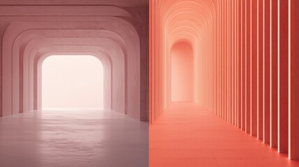 A long, narrow corridor with a pinkish hue, featuring curved walls and a bright, glowing floor.