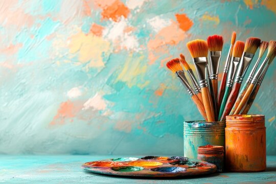 A still life of a painter palette with vibrant dabs of oil paint, paintbrushes, and a partially painted canvas nearby