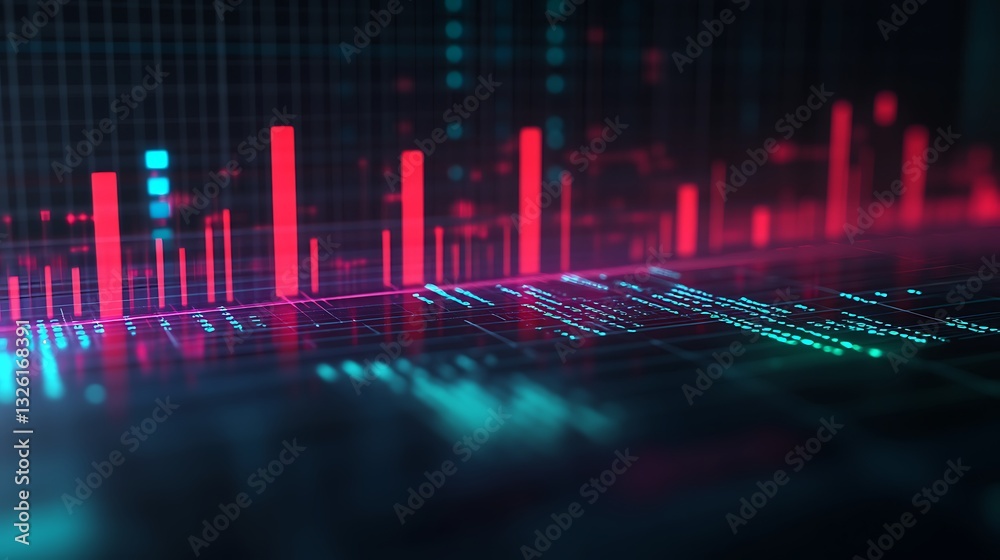 Poster abstract digital data visualization with colorful bar graphs and lines in a technological environmen