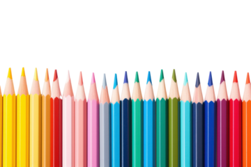 A set of colored pencils with different lengths and colors, neatly organized in a gradient pattern, isolated on white background