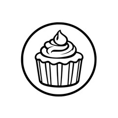 Black and white minimalist cupcake illustration within a circular frame, highlighting the details of the baked treat.