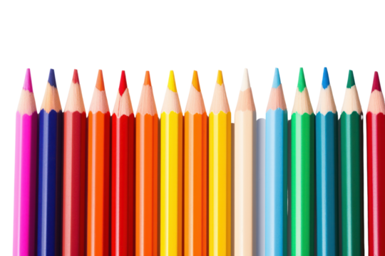 A set of colored pencils with different lengths and colors, neatly organized in a gradient pattern, isolated on white background