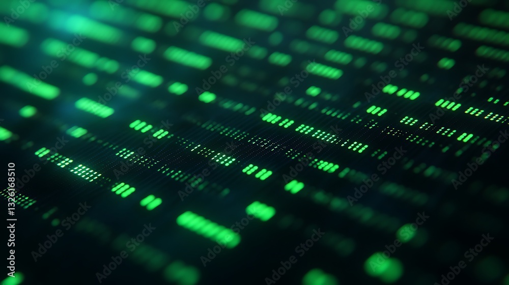 Poster abstract digital data visualization with glowing green lines and patterns on dark background
