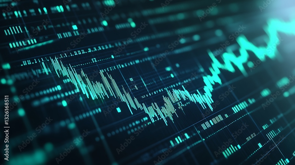 Poster abstract digital data visualization with fluctuating graph lines and indicators on a technology inte
