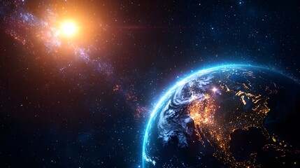 Naklejka premium Stunning visual of earth and the sun in deep space with a luminous globe and distant sun glow in the background