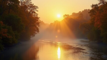 Fototapeta premium A tranquil autumn valley with a winding river, golden trees reflecting in the misty waters, the warm glow of sunrise adding a magical touch.