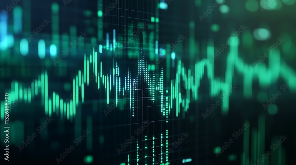 Poster abstract digital data visualization with green and blue wave patterns on a dark background