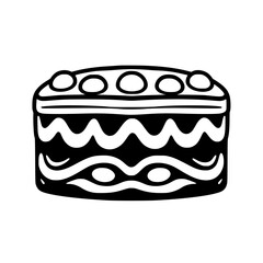Bold Black and White Illustration of a Round Cake with Detailed Decorative Elements, Featuring Circles and Wavy Patterns.