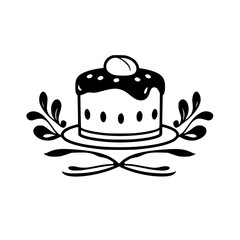 Elegant black and white cake illustration, featuring a round chocolate cake topped with an oval garnish, adorned with decorative floral elements and a ribbon-like accent.