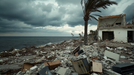 Naklejka premium A coastal location features a demolished building with scattered debris and palm trees swaying in the wind. Dark storm clouds loom above, suggesting an impending storm over the ocean