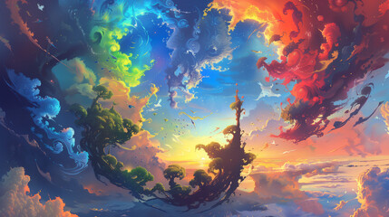 A fantastical landscape painting where the sky is filled with swirling colors.