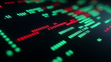 Fototapeta premium Abstract Digital Data Visualization with Green and Red Dots Representing Information Flow on Black Background