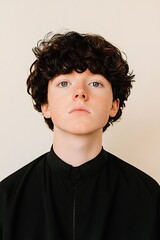 Fototapeta premium Portrait of a Young Person with Curly Hair and Focused Expression in Studio Setting on Neutral Tone