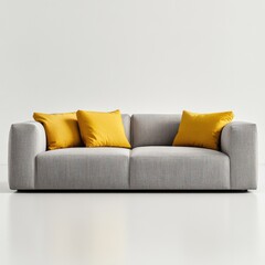 Eye-level shot Modern gray sofa with yellow cushions on white backdrop, minimalist interior, clean design, furniture, comfort, relaxation, home decor.