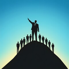 Visionary Leadership: A silhouette of a confident leader stands atop a hill, pointing towards the future, inspiring and guiding a team of dedicated professionals.