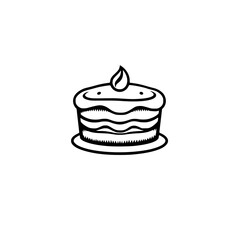 Minimalist Black and White Illustration of a Layered Cake with a Leaf-Shaped Decoration on Top, Placed Centrally on a Blank White Background.
