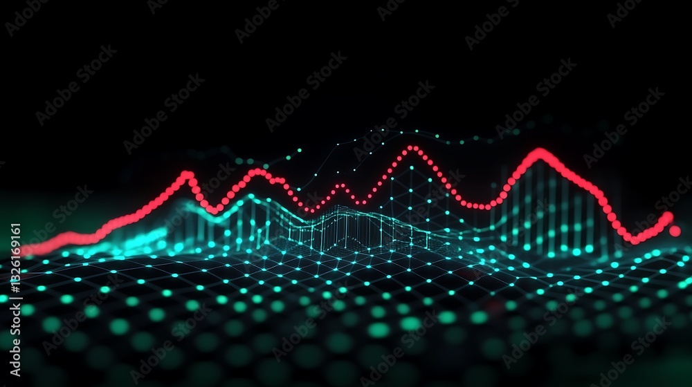 Poster abstract digital data visualization with multicolored lines and dots against a dark background