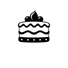 Simple Black and White Cake Icon, Decorated with Cherries and Wavey Frosting, Isolated on White Background.
