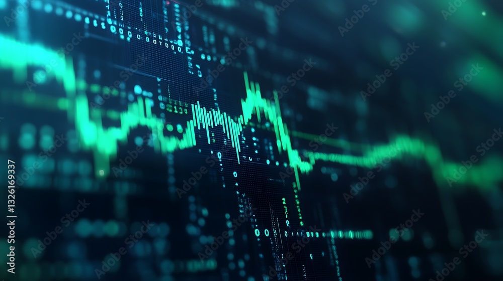Poster abstract digital data visualization with vibrant green lines on a dark background representing infor