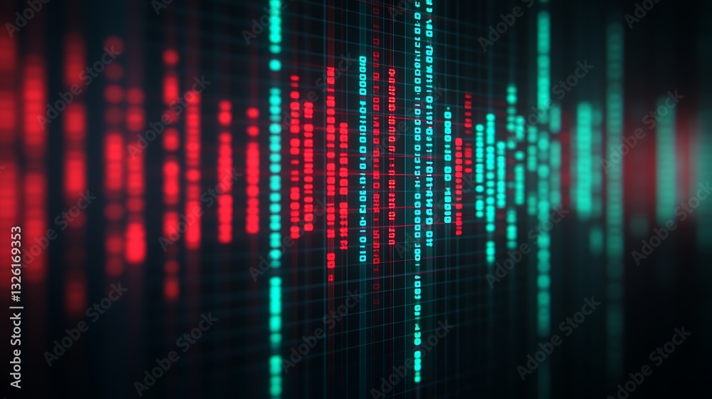 Poster abstract digital data visualizations in red and blue colors representing computer coding and informa