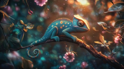 A beautiful blue chameleon perched upon a wooden tree branch