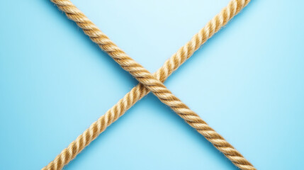 Two thick yellow ropes are arranged in a crisscross pattern against a smooth light blue surface, creating an interesting visual contrast and geometric design