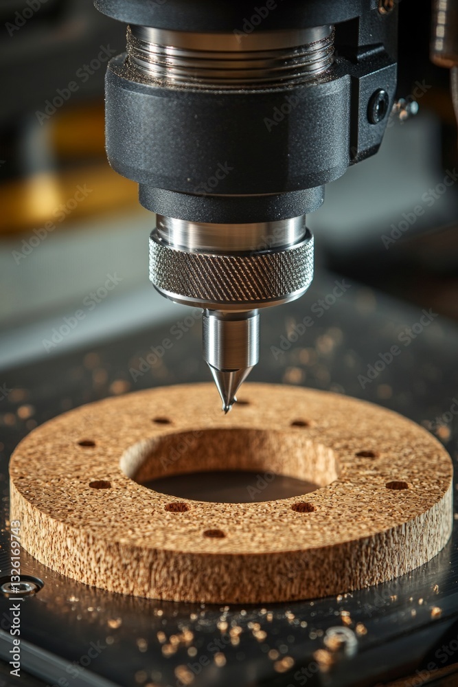 Poster cnc router precision close-up detail of machine cutting circular pattern in cork material