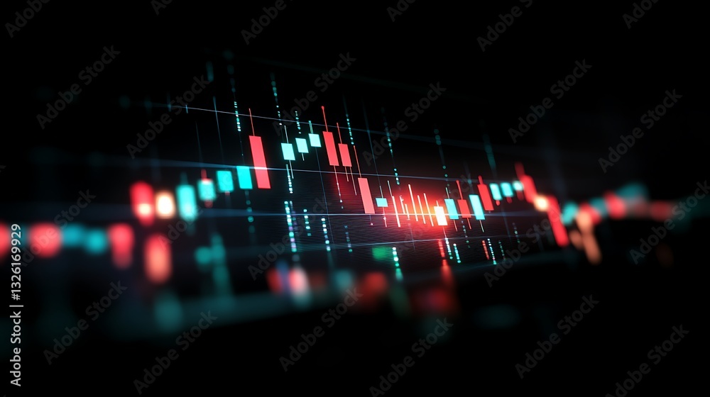 Poster abstract digital financial chart with colorful candlestick graphs and data analysis background