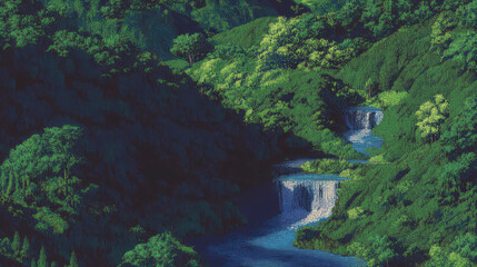Enchanting nature scene in pixel art with waterfall and verdant forest