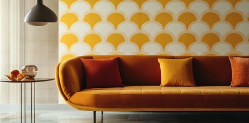 Modern Living Room with Stylish Sofa and Retro Wallpaper Design