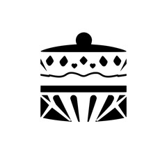 Black and white minimalist cake illustration with stylized shapes and heart/diamond patterns, vector design.