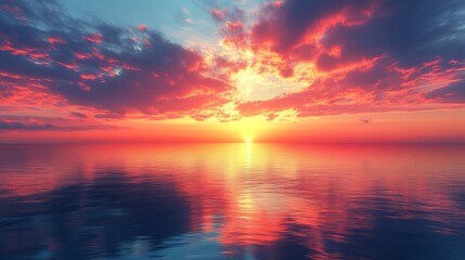 Fototapeta premium Breathtaking Sunset Over Calm Ocean Waters with Vibrant Colors and Stunning Reflection on Surface