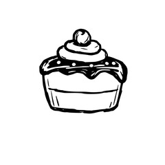 Black & White Sketch of a Delightful Cupcake with Cherry and Chocolate Frosting, on White Background.