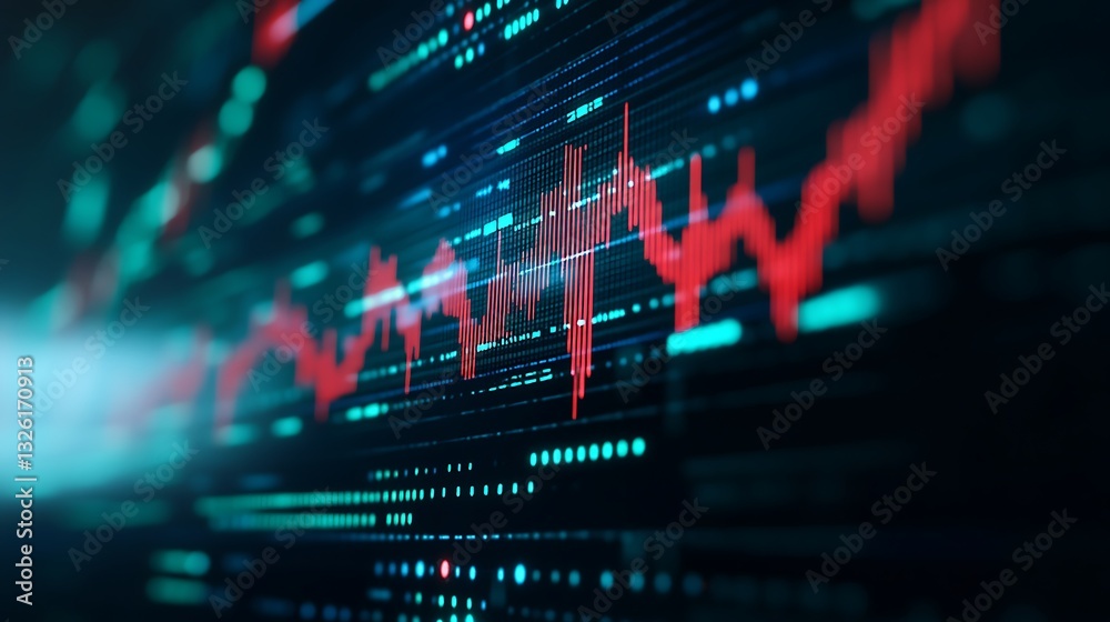 Poster abstract digital financial chart with red and blue data visualization elements on dark background