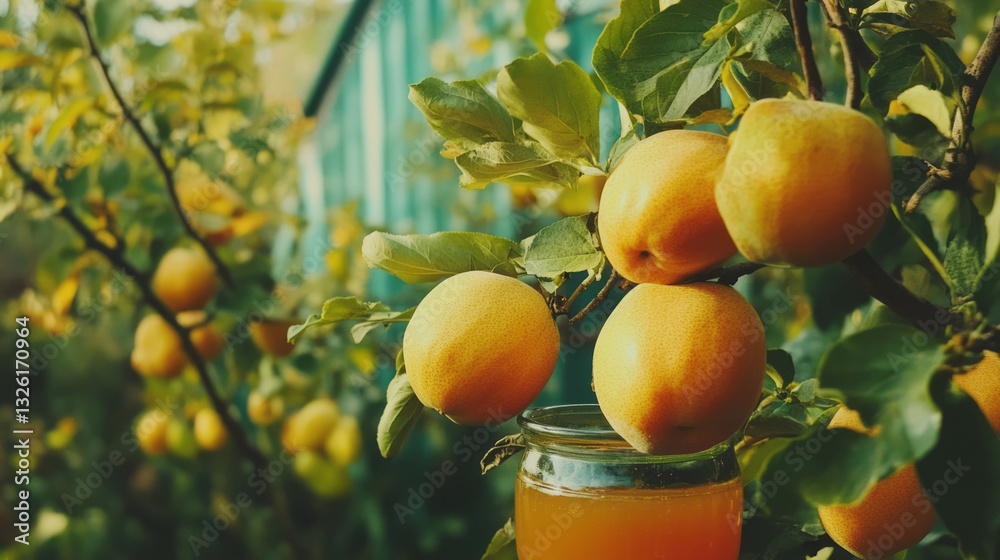 Poster vibrant quince jam texture with colorful chaos in nature setting
