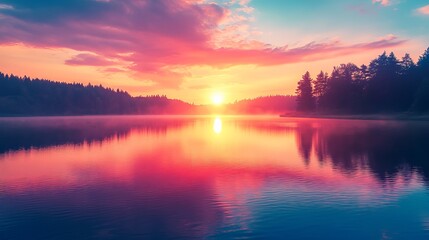 Tranquil Lake Surrounded by Majestic Mountains at Sunset with Vibrant Colors and Reflective Waters