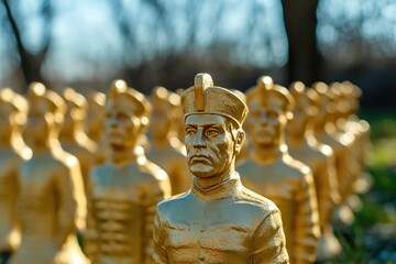 A collection of figurines featuring men wearing hats, made of gold