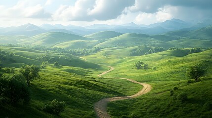 Obraz premium Serene Winding Road Through Lush Green Rolling Hills and Mountains Landscape