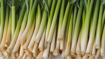 Realistic illustration of fresh, ripe lemongrass, emphasizing its smooth texture and vibrant color, against a clean white background for a fresh and minimalistic aesthetic.