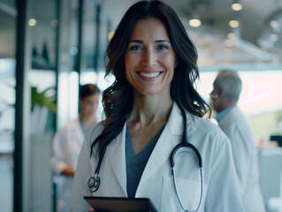 Obraz premium smiling female doctor with dark hair holds tablet