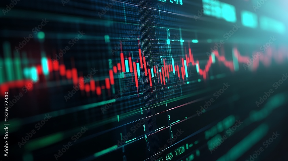 Poster abstract digital graph visualization with fluctuating lines and data points on a dark background